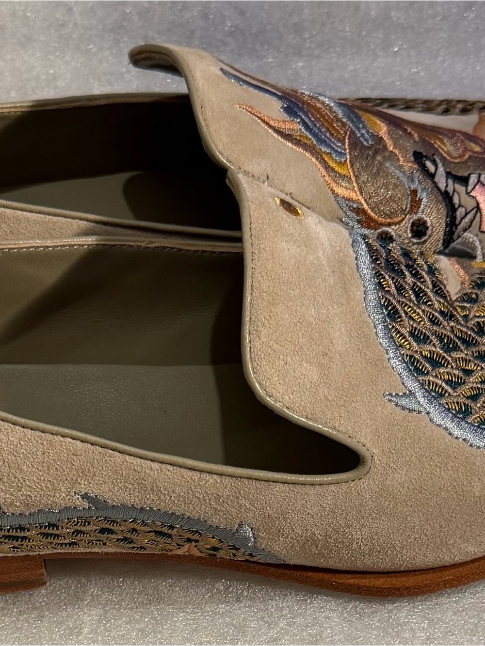 Johnny Was Taupe Suede Loafers with Gold & Gray Embroidery - Picture 5 of 8